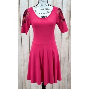 Free People Skater Dress Small Pink Raspberry Floral Garden Embroidered Sleeve‎